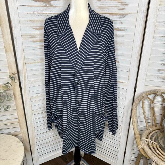 J. JILL Women's PLUS 3X Striped Button Sweater Blazer Jacket Navy Blue Gray - Picture 14 of 16